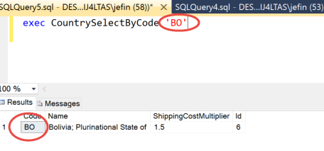 CountrySelectByCode Stored Procedure Test